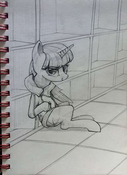 Size: 2236x3088 | Tagged: safe, artist:drunken rarity, derpibooru import, twilight sparkle, pony, clothes, monochrome, solo, traditional art