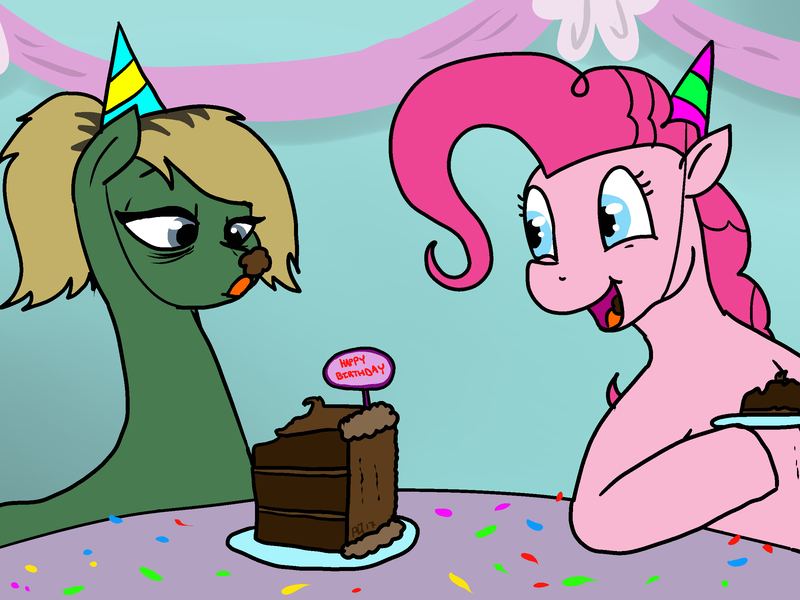 Size: 2400x1800 | Tagged: safe, artist:pony quarantine, derpibooru import, pinkie pie, oc, oc:shuteye, earth pony, pony, 4chan, birthday, birthday cake, cake, drawthread, food, hat, licking, open mouth, party hat, plate, table, tongue out