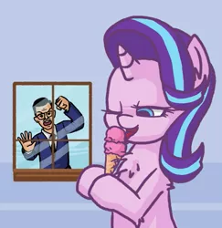 Size: 681x700 | Tagged: safe, artist:plunger, derpibooru import, starlight glimmer, pony, unicorn, 4chan, drawthread, eating, food, hoof hold, ice cream, ice cream cone, licking, one eye closed, stephen colbert, tongue out, two scoops, window
