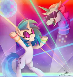 Size: 1796x1904 | Tagged: safe, artist:the-butch-x, derpibooru import, vinyl scratch, pony, unicorn, commission, crossover, dancing, disco ball, duo, female, floating head, flying princess pony head, grin, mare, party, princess pony head, rave, smiling, star vs the forces of evil, sunglasses
