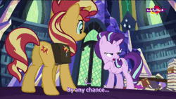 Size: 960x540 | Tagged: safe, derpibooru import, edit, screencap, starlight glimmer, sunset shimmer, pony, unicorn, equestria girls, mirror magic, spoiler:eqg specials, animated, begging, book, caption, close-up, cute, gif, library, pawing the ground, portal, raised eyebrow, raised hoof, smiling, smirk, subtitles, talking, teletoon, text, twilight's castle