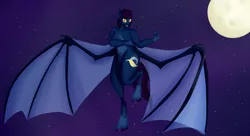 Size: 1650x900 | Tagged: suggestive, artist:bevendre, derpibooru import, oc, oc:midnight oil, unofficial characters only, anthro, bat pony, unguligrade anthro, anthro oc, covered, full moon, moon, night, night sky, solo, unshorn fetlocks
