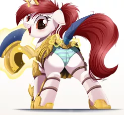 Size: 2500x2327 | Tagged: suggestive, artist:raps, derpibooru import, oc, oc:specialist sunflower, unofficial characters only, pony, unicorn, adorasexy, armor, armor skirt, blue underwear, blushing, clothes, cute, female, guardsmare, high res, looking back, magic, mare, panties, plot, ponytail, rear view, royal guard, sexy, skirt, skirt lift, smiling, solo, solo female, striped underwear, tail wrap, telekinesis, underwear, upskirt