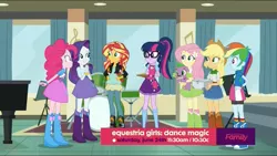 Size: 1366x768 | Tagged: safe, derpibooru import, screencap, applejack, fluttershy, pinkie pie, rainbow dash, rarity, sci-twi, spike, spike the regular dog, sunset shimmer, twilight sparkle, dog, dance magic, equestria girls, spoiler:eqg specials, clothes, discovery family logo, drums, glasses, hand on hip, hands behind back, humane five, humane seven, humane six, piano, the rainbooms, youtube link
