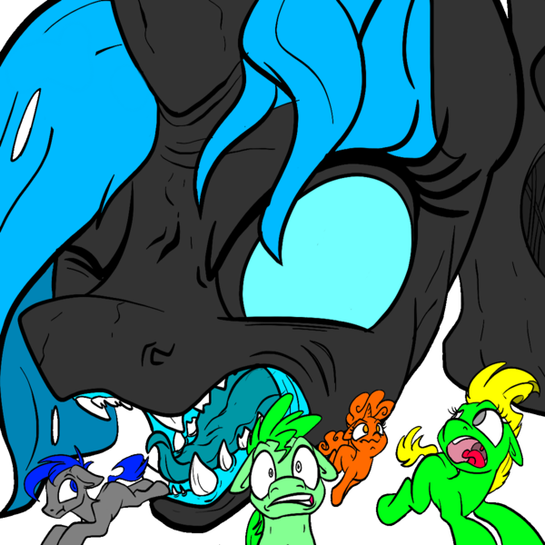 Size: 1200x1200 | Tagged: safe, artist:transparentist, artist:tsitra360, color edit, derpibooru import, edit, oc, oc:fleet wing, oc:honeymelon blitz, unofficial characters only, changeling, earth pony, pony, blue tongue, colored, colored sketch, fangs, female, implied vore, macro, male, micro, no pupils, open mouth, running, scared, sharp teeth, simple background, stare down, staredown, teeth, tongue out, transparent background