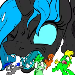 Size: 1200x1200 | Tagged: safe, artist:transparentist, artist:tsitra360, color edit, derpibooru import, edit, oc, oc:fleet wing, oc:honeymelon blitz, unofficial characters only, changeling, earth pony, pony, blue tongue, colored, colored sketch, fangs, female, implied vore, macro, male, micro, no pupils, open mouth, running, scared, sharp teeth, simple background, stare down, staredown, teeth, tongue out, transparent background