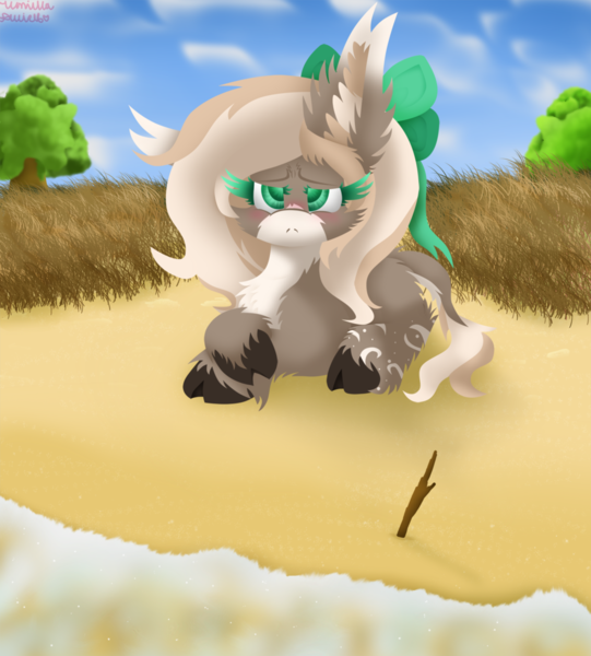 Size: 1024x1135 | Tagged: safe, artist:vanillaswirl6, derpibooru import, oc, oc:daisy, unofficial characters only, earth pony, pony, art trade, beach, bow, cheek fluff, cloud, cloven hooves, cute, dune grass, ear fluff, female, fluffy, hair bow, leonine tail, mare, ocean, prone, sad, sand, sea grape, shore, sky, solo, stick, tree, unshorn fetlocks, water