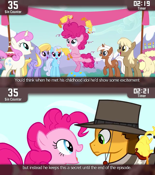 Size: 640x720 | Tagged: safe, derpibooru import, edit, edited screencap, screencap, boneless, cheese sandwich, cloud kicker, linky, mjölna, pinkie pie, shoeshine, silver spanner, twinkleshine, pony, cinemare sins, pinkie pride, female, filly, filly pinkie pie, juggling, rubber chicken, younger