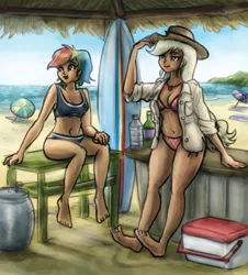 Size: 903x1000 | Tagged: safe, artist:king-kakapo, derpibooru import, applejack, rainbow dash, human, barefoot, beach, beach ball, belly button, bikini, breasts, cleavage, clothes, cooler, cute, dashabetes, duo, duo female, feet, female, hat, human female, humanized, jackabetes, jacket, lidded eyes, sitting, smiling, surfboard, swimsuit, umbrella, water, water bottle