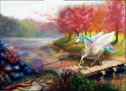 Size: 1024x737 | Tagged: safe, artist:houseart136, derpibooru import, princess celestia, alicorn, horse, pony, autumn, bridge, forest, hoers, lake, leaves, missing horn, running, scenery, solo