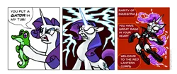 Size: 1498x632 | Tagged: safe, artist:gingerfoxy, derpibooru import, gummy, rarity, pony, pony comic generator, comic, red lantern corps