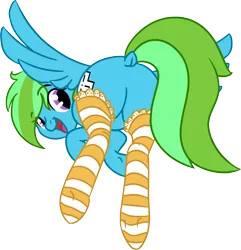 Size: 2599x2701 | Tagged: suggestive, artist:roy, derpibooru import, oc, oc:aura specs, unofficial characters only, pegasus, pony, clothes, dock, featureless crotch, female, flying, mare, plot, presenting, simple background, socks, solo, stockings, striped socks, thigh highs, transparent background