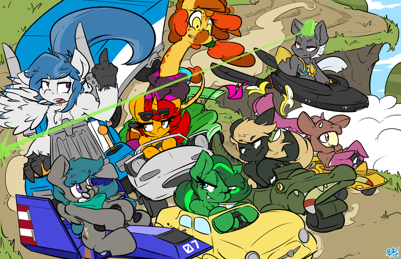 Size: 1280x828 | Tagged: safe, artist:bbsartboutique, derpibooru import, oc, oc:blaze, oc:delta dart, oc:jade aurora, oc:makuru, oc:prime mover, oc:scope, oc:vanguard velocity, unofficial characters only, earth pony, giraffe, hippogriff, mawile, pegasus, pony, unicorn, >:/, armor, boomerang, car, clothes, costume, f-zero, fiat, fiat 500, lupin the 3rd, magic, mario kart, miata, middle finger, pokémon, pony costume, racing, road, road rage, silly, star trek, talons, truck, trucker, vulgar