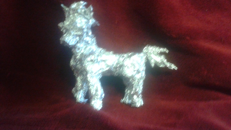 Size: 2560x1440 | Tagged: safe, artist:thefoilguy, derpibooru import, oc, oc:brawny buck, unofficial characters only, pony, aluminum, foil, irl, photo, sculpture, traditional art