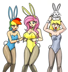 Size: 2000x2117 | Tagged: suggestive, artist:ixalon, artist:johnjoseco, color edit, derpibooru import, edit, angel bunny, derpy hooves, fluttershy, rainbow dash, human, adorasexy, armpits, big breasts, breasts, bunny suit, bunnyshy, busty fluttershy, clothes, colored, cosplay, costume, cute, dashabetes, derpabetes, easter, female, holiday, humanized, leotard, open mouth, pantyhose, playboy bunny, sexy, shyabetes, simple background, tail, tights, white background
