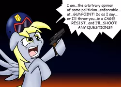 Size: 1648x1183 | Tagged: safe, artist:sonigoku, derpibooru import, derpy hooves, pegasus, pony, angry, bipedal, cross-popping veins, dexterous hooves, female, floppy ears, gradient background, gun, helmet, hoof hold, i am the law, judge dredd, m1911, mare, open mouth, parody, satire, signature, solo, speech bubble, spread wings, weapon, wings, yelling