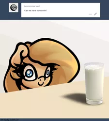 Size: 1280x1420 | Tagged: safe, artist:slavedemorto, derpibooru import, oc, oc:backy, unofficial characters only, pony, ask, cup, exploitable meme, face of mercy, meme, milk, pure unfiltered evil, simple background, smiling, solo, spilled milk, table, this will end in spilled milk, tumblr, white background, wide eyes, xk-class end-of-the-world scenario