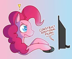 Size: 769x624 | Tagged: safe, artist:amazingmollusk, derpibooru import, pinkie pie, earth pony, pony, additional pylons, annoyed, computer, exclamation point, gradient background, pie daily, pylon, simple background, solo, starcraft