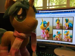 Size: 400x300 | Tagged: safe, artist:lumenglace, derpibooru import, snails, pony, clothes, cute, glitter shell, inception, irl, photo, pink, plushie, plushieception, scarf, socks, striped socks, stripes