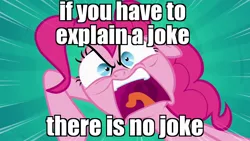 Size: 1280x720 | Tagged: safe, derpibooru import, edit, edited screencap, screencap, pinkie pie, pony, pinkie pride, angry, batman, image macro, mad love, meme, pinkie joker, reaction image, solo, the joker