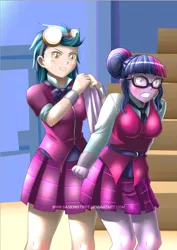 Size: 636x900 | Tagged: suggestive, artist:sasionstrife, derpibooru import, indigo zap, sci-twi, twilight sparkle, equestria girls, friendship games, abuse, blushing, breasts, clothes, crystal prep academy uniform, glasses, goggles, humiliated, humiliation, panties, purple underwear, requested art, school uniform, twilybuse, underwear, watermark, wedgie