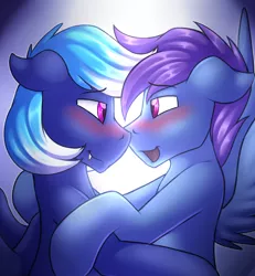 Size: 2154x2332 | Tagged: safe, artist:dripponi, artist:lattynskit, derpibooru import, oc, oc:noxy, oc:windy dripper, unofficial characters only, pegasus, pony, blushing, gay, looking at each other, male, noxydrip, open mouth, preview, shipping, teaser