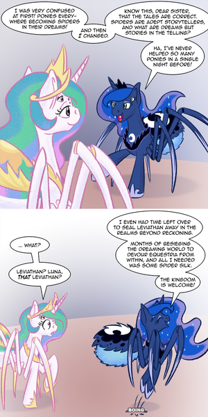 Size: 800x1598 | Tagged: artist:couchcrusader, bouncing, cute, derpibooru import, dialogue, happy, implied transformation, lunabetes, monster pony, original species, princess celestia, princess luna, pronking, royal sisters, safe, species swap, speech bubble, spiderlestia, spiderluna (species swap), spiderpony