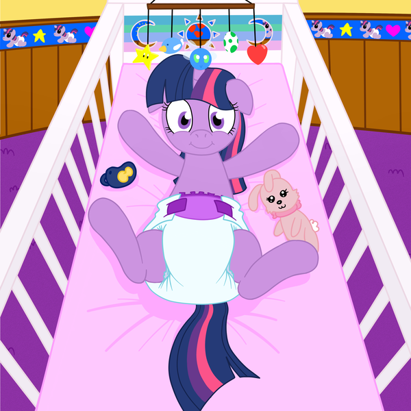 Size: 3000x3000 | Tagged: questionable, artist:fillyscoots42, derpibooru import, edit, edited edit, editor:hodgepodgedl, twilight sparkle, pony, 4chan, adult foal, binky, crib, cute, diaper, diaper fetish, fetish, floppy ears, happy, looking at you, pacifier, plushie, poofy diaper, smiling, solo, super crinkle pony adventure 64, thread