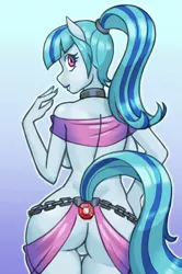 Size: 668x1006 | Tagged: anthro, artist:nauth, belly dancer, blue hair, breasts, derpibooru import, equestria girls ponified, featureless crotch, female, femsub, gradient background, looking back, ponified, raised tail, rearboob, sex slave, sexy, slave, solo, solo female, sonata donk, sonata dusk, stupid sexy sonata dusk, submissive, suggestive, tail, veil