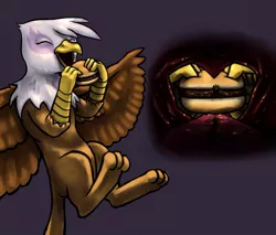 Size: 1280x1093 | Tagged: artist needed, safe, derpibooru import, gilda, oc, oc:kole miner, earth pony, gryphon, pony, beak, bread, burger, carnivore, duo, eating, female, fetish, flying, food, griffons doing griffon things, happy, male, meat, micro, mouth, offscreen character, paws, pov, shrunk, size difference, smiling, stallion, tail, talons, tongue out, unaware, vore, wings