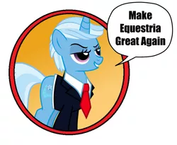 Size: 1217x1000 | Tagged: safe, artist:limedazzle, derpibooru import, edit, trixie, pony, unicorn, alternate hairstyle, clothes, donald trump, grin, image macro, lidded eyes, make equestria great again, meme, mouthpiece, necktie, politics, simple background, smiling, smirk, solo, suit, transparent background