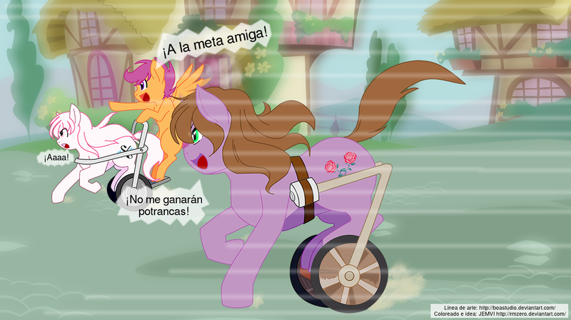 Size: 1880x1052 | Tagged: safe, artist:boastudio, artist:jemvi, derpibooru import, scootaloo, oc, oc:gracey, oc:snowshine, pony, adopted offspring, comic, disabled, handicapped, paraplegic mare, parent:adagio dazzle, racing, spanish, wheelchair