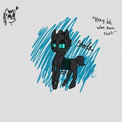 Size: 800x800 | Tagged: artist:axisthechangeling, blue background, blue eyes, changeling, changeling oc, derpibooru import, fangs, oc, oc:shady, short tail, simple background, smiling, smirk, solo, suggestive, unofficial characters only, white background