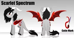 Size: 4526x2352 | Tagged: absurd resolution, artist:scarlet-spectrum, derpibooru import, dracony, fangs, female, gradient background, horn, hybrid, mare, oc, oc:scarlet spectrum, rear view, reference sheet, safe, smiling, solo, unofficial characters only