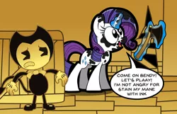 Size: 1456x939 | Tagged: safe, artist:kingtoby19, derpibooru import, rarity, pony, unicorn, axe, bendy, bendy and the ink machine, dialogue, duo, engrish, female, grammar error, ink, levitation, magic, mare, messy mane, now you fucked up, telekinesis, weapon