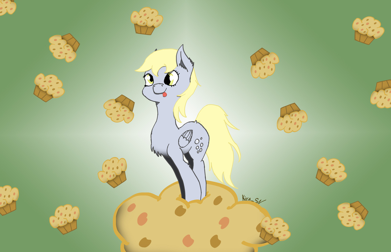 Size: 3260x2100 | Tagged: safe, artist:kirasunnight, derpibooru import, derpy hooves, pegasus, pony, chest fluff, ear fluff, female, food, gradient background, mare, muffin, solo, tongue out