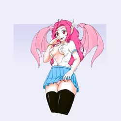 Size: 2000x2000 | Tagged: suggestive, artist:ixalon, artist:krmn-chan, color edit, derpibooru import, edit, pinkie pie, bat pony, human, absolute cleavage, adorasexy, breasts, busty pinkie pie, cleavage, clothes, colored, cute, eared humanization, female, humanized, miniskirt, nail polish, panties, pinkiebat, pleated skirt, race swap, ripped shirt, school uniform, sexy, skirt, skirt lift, socks, solo, solo female, stockings, thigh highs, thighs, underboob, underwear, winged humanization, wings, zettai ryouiki