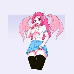 Size: 2000x2000 | Tagged: suggestive, artist:ixalon, artist:krmn-chan, color edit, derpibooru import, edit, pinkie pie, bat pony, human, absolute cleavage, adorasexy, breasts, busty pinkie pie, cleavage, clothes, colored, cute, eared humanization, female, humanized, miniskirt, nail polish, panties, pinkiebat, pleated skirt, pony coloring, race swap, ripped shirt, school uniform, sexy, skirt, skirt lift, socks, solo, solo female, stockings, thigh highs, thighs, underboob, underwear, winged humanization, wings, zettai ryouiki