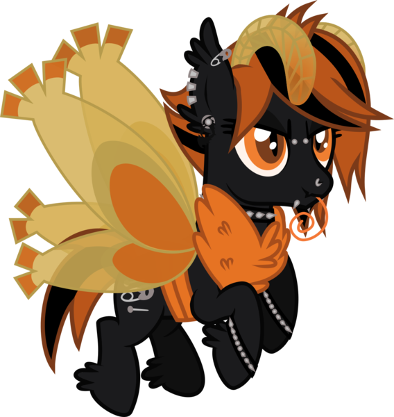 Size: 1265x1335 | Tagged: safe, artist:lightningbolt, derpibooru import, oc, oc:attacus, unofficial characters only, mothim, mothpony, original species, pony, .svg available, antennae, choker, clandestine industries, colored sclera, ear fluff, ear piercing, earring, emo, eyebrow piercing, female, fluffy, flying, glare, grin, hair over one eye, hoof fluff, jewelry, lip piercing, mare, neck fluff, nose piercing, piercing, pokémon, proboscis, reverse trap, safety pin, short mane, short tail, simple background, slit eyes, smiling, snake bites, solo, spiked choker, spiked wristband, svg, tongue out, transparent background, vector, wristband