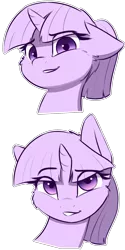 Size: 1200x2400 | Tagged: safe, artist:captainpudgemuffin, derpibooru import, twilight sparkle, pony, unicorn, alternate hairstyle, bust, cheek fluff, cute, ear fluff, exploitable meme, female, floppy ears, fluffy, grin, looking at you, mare, meme, monochrome, ponytail, portrait, raised eyebrow, reaction image, simple background, smiling, smirk, solo, template, transparent background, twiabetes