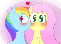 Size: 1800x1300 | Tagged: safe, artist:grapemelondrawshorses, derpibooru import, fluttershy, rainbow dash, pony, blushing, bust, chest fluff, chromatic aberration, female, flutterdash, heart, heart eyes, kissing, lesbian, portrait, shipping, surprise kiss, surprised, wide eyes, wingding eyes