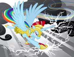 Size: 900x695 | Tagged: safe, artist:sapphiregamgee, derpibooru import, rainbow dash, alicorn, pony, alicornified, armor, flying, helmet, lightning, race swap, rainbow trail, rainbowcorn, solo, spread wings, wings