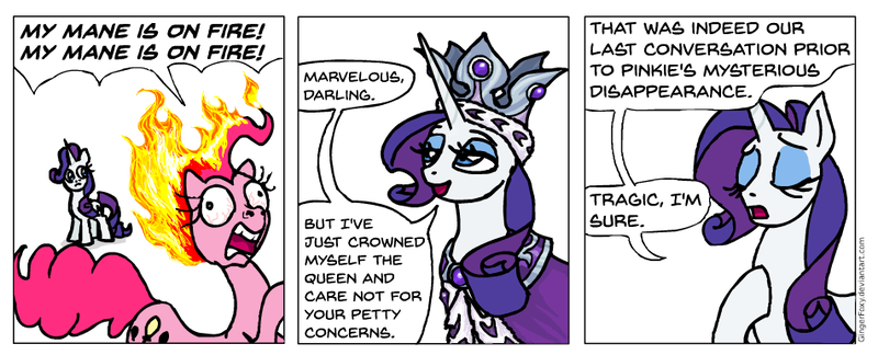 Size: 951x385 | Tagged: safe, artist:gingerfoxy, derpibooru import, pinkie pie, princess platinum, rarity, pony, pony comic generator, abuse, comic, crown, fire, jewelry, pinkiebuse, regalia