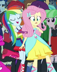 Size: 700x875 | Tagged: safe, derpibooru import, screencap, bright idea, curly winds, fluttershy, golden hazel, indigo wreath, nolan north, rainbow dash, scribble dee, some blue guy, sophisticata, tennis match, watermelody, wiz kid, equestria girls, equestria girls (movie), background human, cropped, duo focus, eyes closed, fall formal outfits, open mouth, wings