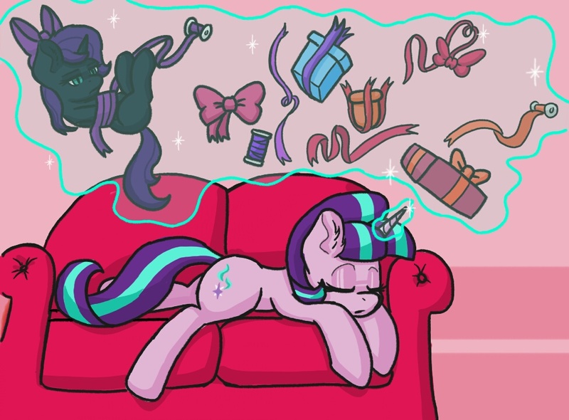 Size: 976x720 | Tagged: safe, artist:kundofox, artist:plunger, color edit, derpibooru import, edit, starlight glimmer, oc, oc:nyx, alicorn, pony, unicorn, 4chan, alicorn oc, bow, colored, couch, drawthread, levitation, magic, present, prone, ribbon, sleeping, telekinesis, tied up, unamused