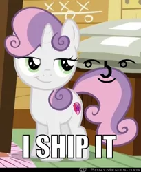 Size: 490x598 | Tagged: safe, derpibooru import, edit, edited screencap, screencap, sweetie belle, pony, the fault in our cutie marks, cropped, cutie mark, female, filly, i ship it, le lenny face, meme, smug, solo, the cmc's cutie marks