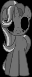 Size: 207x497 | Tagged: semi-grimdark, derpibooru import, edit, vector edit, starlight glimmer, pony, unicorn, black sclera, creepypasta, female, grayscale, horror, looking at you, mare, monochrome, possessed, red eyes, simple background, smiling, solo, standing, vector, zalgo