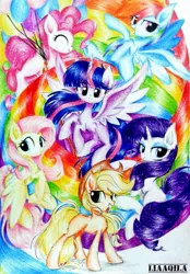 Size: 1262x1816 | Tagged: safe, artist:liaaqila, derpibooru import, applejack, fluttershy, pinkie pie, rainbow dash, rarity, twilight sparkle, twilight sparkle (alicorn), alicorn, earth pony, pegasus, pony, unicorn, balloon, cute, looking at you, mane six, traditional art