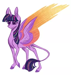 Size: 1512x1594 | Tagged: safe, artist:australian-senior, derpibooru import, twilight sparkle, twilight sparkle (alicorn), alicorn, classical unicorn, pony, colored wings, colored wingtips, flat colors, leonine tail, simple background, sketch, solo, white background