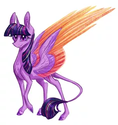 Size: 1512x1594 | Tagged: safe, artist:australian-senior, derpibooru import, twilight sparkle, twilight sparkle (alicorn), alicorn, classical unicorn, pony, colored wings, colored wingtips, leonine tail, shading, simple background, sketch, solo, white background